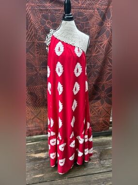Red, Cold Shoulder Maxi Dress with White Abstract Print